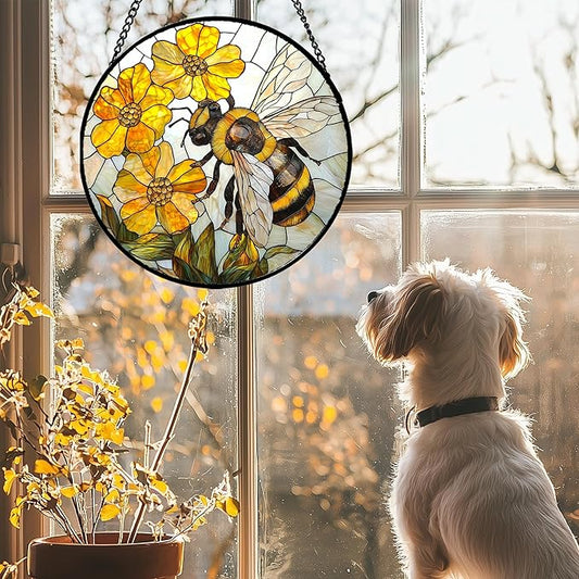 Stained Glass Window Hanging - Yellow Bees Gathering Flowers Sun Catcher for Door Garden Home Decor Cute Suncatcher Christmas Mother's Day Birthday Gifts for Women Men Mom Nana 9.8 in
