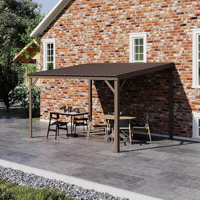 Domi 10’x12’ Wall-Mounted Hardtop Gazebo Pergola – Permanent Lean-to Outdoor Shelter with Sloped Galvanized Steel Roof & Upgraded Drainage – Grey Metal Patio Cover for Backyard, Deck, Garden,Brown