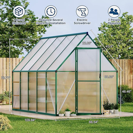 6X9 ft Polycarbonate Greenhouse with Aluminum Frame, Polycarbonate Greenhouse for Outdoors, Greenhouses with Ventilation, Aluminum Large Walk-in Greenhouses for Outside