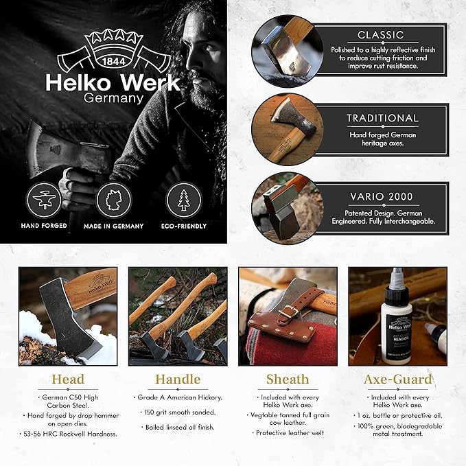 1844 Helko Werk Germany Premium Axe Care and Maintenance Kit Includes Axe Sharpening Stone, Sharpening File, Handle Oil, Head Oil, Blade Cleaner, Sand Paper, Wedges (Premium Maintenance Kit) #F8790-2