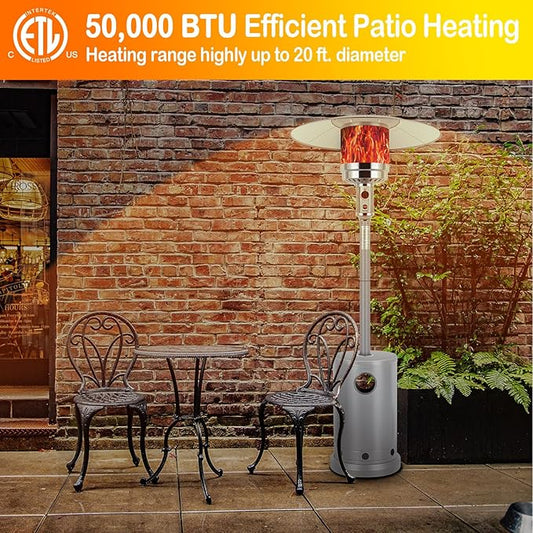 Hykolity 50,000 BTU Patio Heater with Sand Box, Table Design, Double-Layer Stainless Steel Burner, Wheels, Tip-over Protection System, Outdoor Heater for Home and Residential, Silver