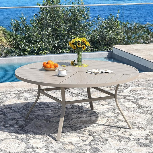 DIFY 59.8" Round Outdoor Patio Dining Table for 8-10, All-Weather Metal Steel Slatted Patio Table with 1.57" Adjustable Umbrella Hole, for Lawn Garden Porch Backyard, Sandshell