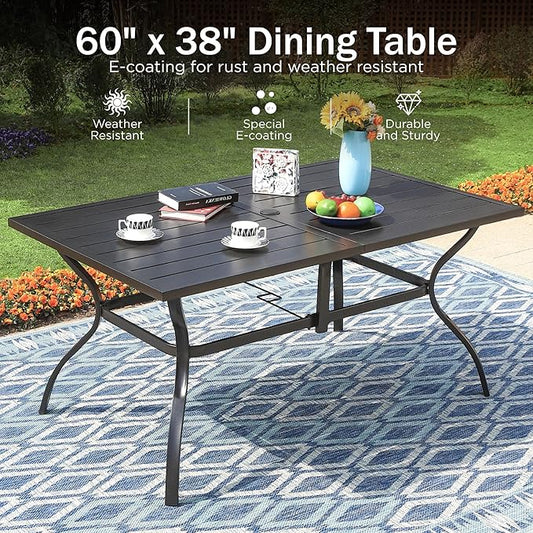 PHI VILLA 7 Piece Patio Dining Set for 6, Outdoor Slatted Metal Dining Table with Umbrella Hole & Cushioned Wicker Chairs for Patio, Deck, Yard, Porch