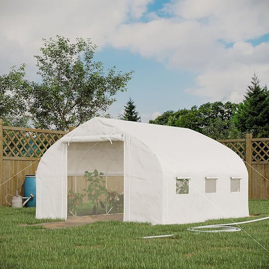 Outsunny 11.5' x 10' x 6.5' Walk-in Tunnel Greenhouse, Green House with Zippered Mesh Door, 7 Mesh Windows & Roll-up Sidewalls, Upgraded Gardening Plant Hot House with Galvanized Steel Hoops, White