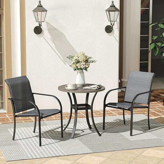 VICLLAX Round Patio Dining Table, Metal Outdoor Bistro Table with Storage Shelf for Balcony Garden Deck, 27.6Inch Grey