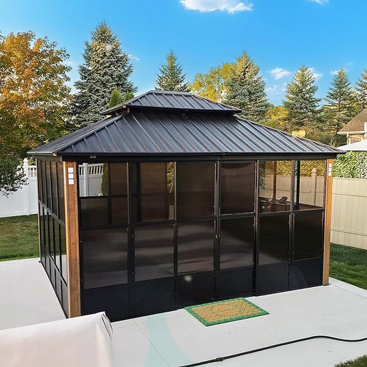 PURPLE LEAF 12' X 14' Sunroom Patio Hardtop Gazebo Double Top Galvanized Steel Screen House Aluminum Sun Room Outdoor Solarium for Garden Backyard