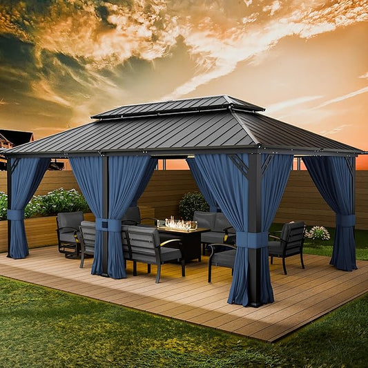 12’x20’ Hardtop Gazebo Outdoor Aluminum Frame Permanent Gazebo Galvanized Steel Double Roof Gazebos with Nettings and Curtains for Patio, Lawns,Backyard, Deck(Navy)
