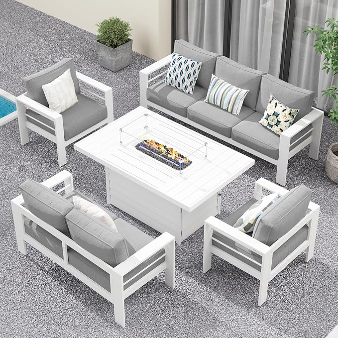 Solaste Aluminum Patio Furniture Set with Fire Pit Table, 5 Piece Metal Outdoor Furniture with Water-Resistant Cushions, Modern Patio Conversation Set for Balcony, Front Porch, and Backyard