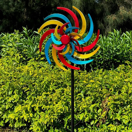 Colorful Kinetic Wind Spinner for Outdoor 13" W Metal Windmill Wind Sculptures with 5 Prong Stake, Easy to Rotate Metal Yard Art for Garden Patio Lawn Backyard Decor