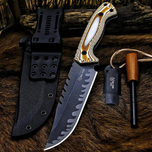 BA-KOR 12.4in Full Tang Fixed Blade Hunting Knife – 6mm 9CR18MoV Steel, G10 Handle, Stonewashed Sawback Blade with Kydex Sheath & Fire Starter for Outdoor, Camping, Survival (White and brown stripes)