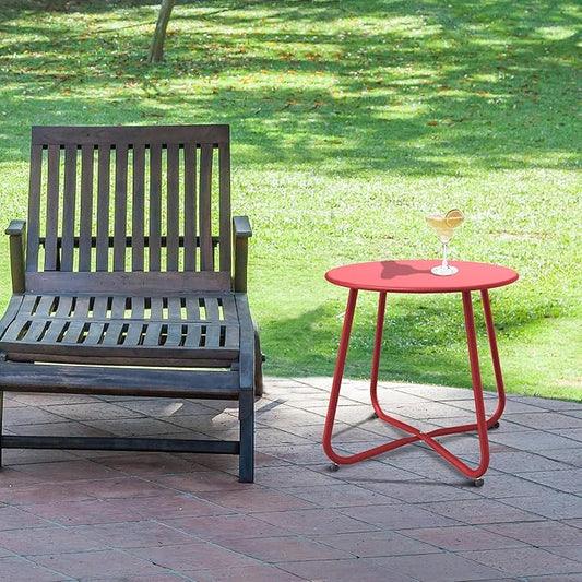 Patio Side Table Waterproof Round Metal Steel Weather Resistant Portable Outdoor and Indoor End Table for Garden Balcony Yard, Dark Red