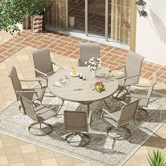 VICLLAX 60" Outdoor Round Patio Dining Table for 8-10, All Weather Metal Dining Table with Umbrella Hole for Deck Lawn Garden Backyard, Sandshell