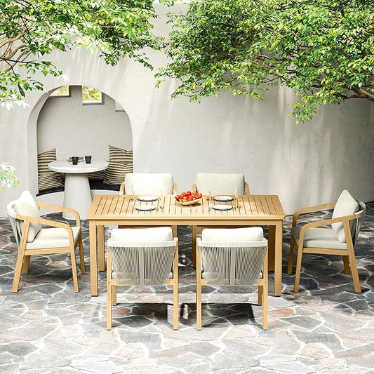 7-Piece Outdoor Dining Set for 6 with 23" Extra Wide Chair and Cushion,Patio Table and Chairs Set with All Acacia Wood Frame, All-Weather PE Rattan Outdoor Patio Furniture Set for Lawn Garden, Beige