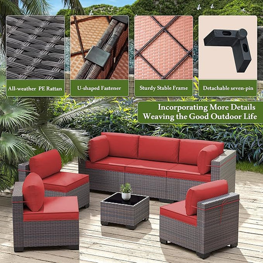 Outdoor Patio Furniture Set, 9 Pieces Outdoor Furniture All Weather Patio Sectional Sofa PE Wicker Modular Conversation Sets with Coffee Table,8 Chairs & Seat Clips(Red)
