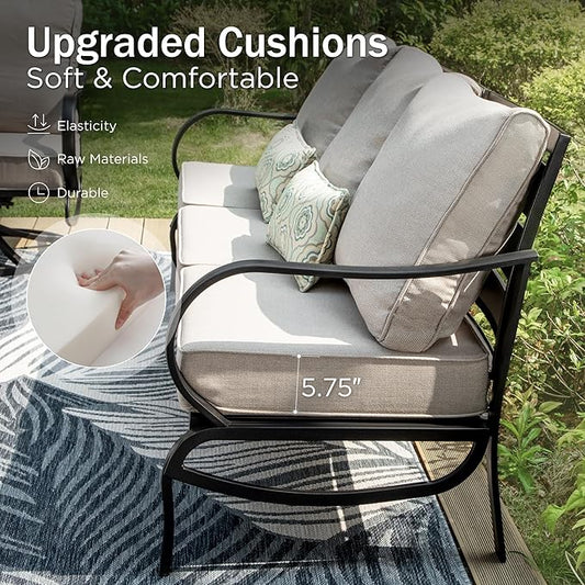PHI VILLA 5 Pcs Patio Furniture Set with 1 x 72 Padded Deep Seating Bench Sofa, 2 x Cushioned C-Base Sofa Chairs and 2 x Metal Cushioned Ottoman, Outdoor Deluxe Furniture Patio Set for Backyard