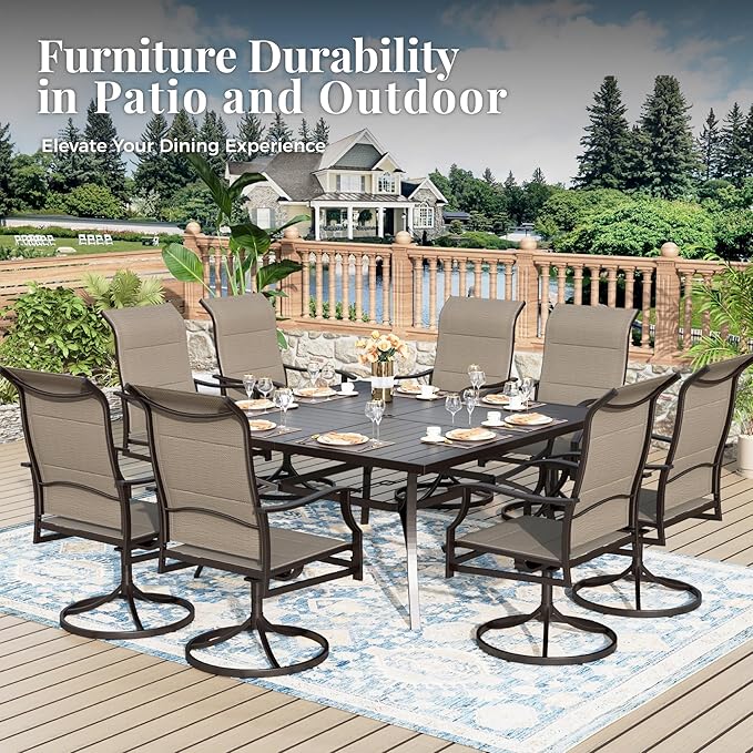 9 Pieces Patio Dining Set, Outdoor Table and Chairs, 8 x Textilene Swivel Dining Chairs and 60" Square Outdoor Dining Table, for Cozy Garden Settings, Grey-Brown