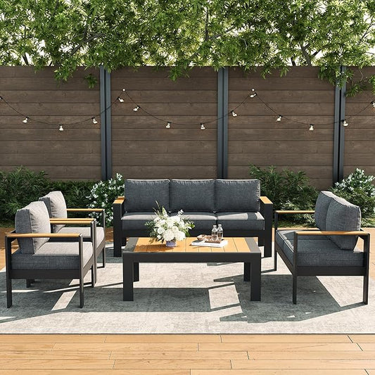 LayinSun 5 Piece Aluminum Outdoor Furniture Set with Coffee Table, Outside Patio Deep Seating Conversation Set with Upgraded Washable Thick Cushion