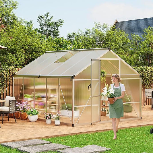 8 x 10 FT Greenhouse, Heavy-Duty Polycarbonate Large Walk-in Greenhouse Roof Vent ,Aluminum Frame & Lockable Door, for Backyard, Green Houses for Outside Garden Backyard