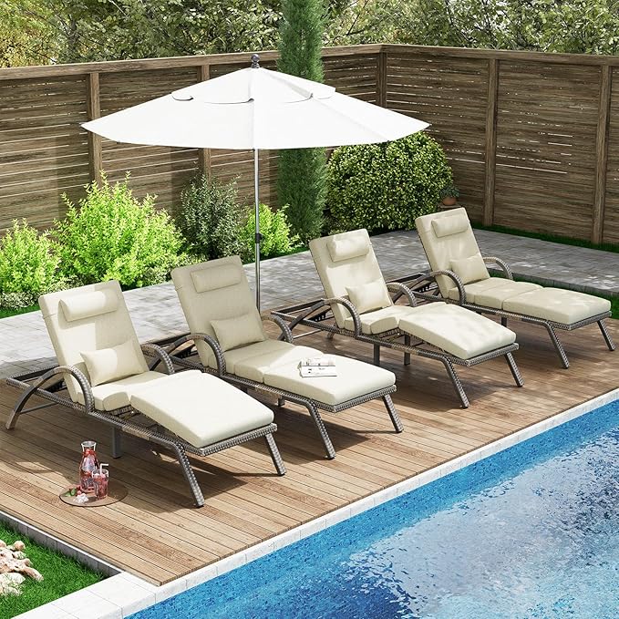 MEISSALIVVE Outdoor Lounge Chairs Set of 4, Patio Chaise Loungers with Adjustable 5-Position & Leg Support, PE Rattan Chaise Lounge, Wicker Pool Recliners Chair for Backyard, Porch, Deck, (Brown