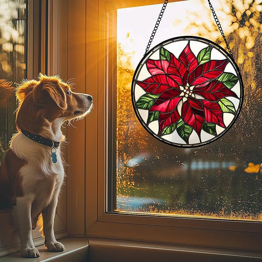 Stained Glass Window Hanging - Red Poinsettia Birth Flower Suncatcher for Door Garden Yard Sun Catchers Decor Christmas Mother's Day Birthday Gifts for Women Mom Nana Friend Men 11.8 in