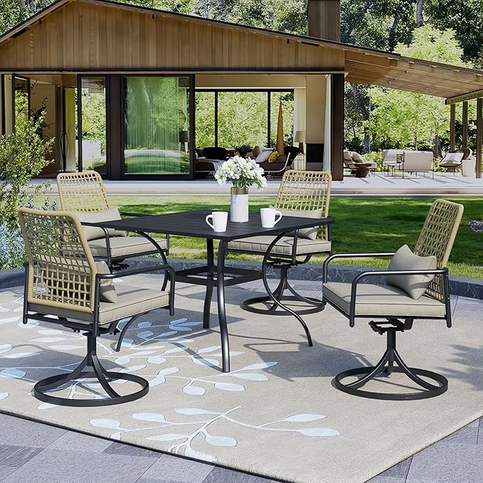 5-Piece Outdoor Dining Set, Rattan Wicker Swivel Chairs with 35''Metal Table Furniture Set, Gray Cushions