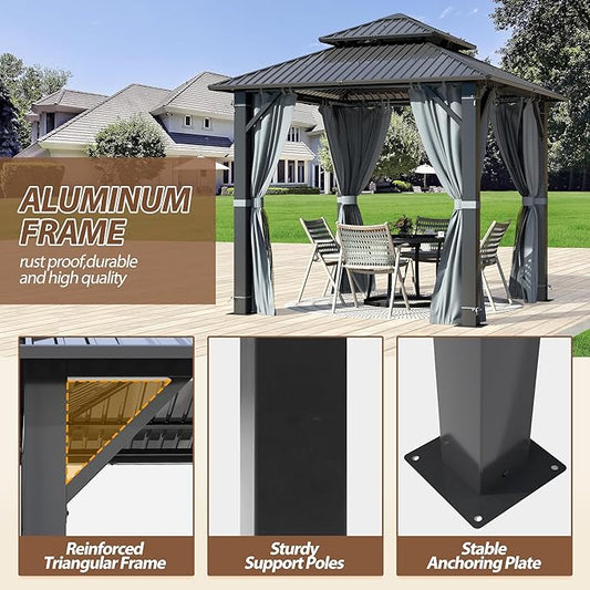 8.5' x 8.5' Hardtop Gazebo, Galvanized Steel Double Roof Gazebo with Nettings and Curtain Outdoor Aluminum Frame Vertical Stripes Roof Gazebos for Patio, Backyard, Lawn
