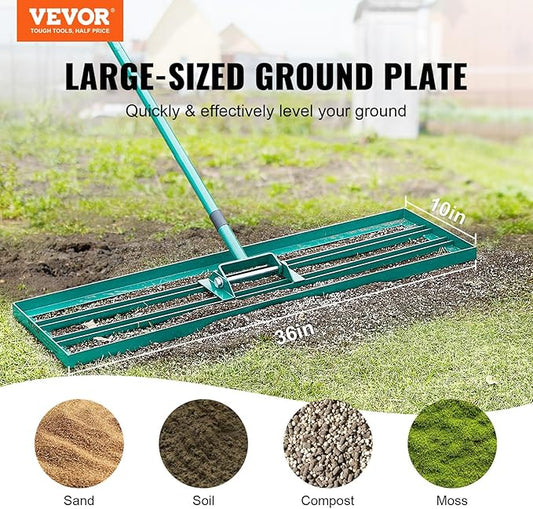 VEVOR Lawn Leveling Rake, 36“ x10 Level Lawn Tool, Heavy-Duty Lawn Leveler with 78"" Steel Extended Handle, Yard Leveling Rake Suit for Garden, Golf Lawn, Farm, Green