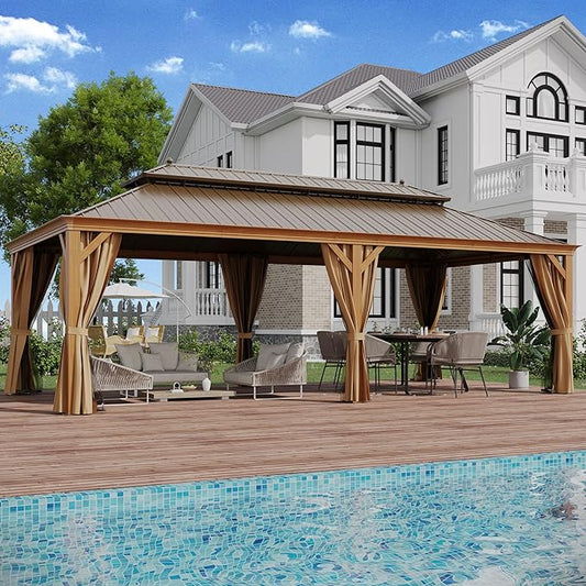 12' X 24' Hardtop Gazebo Outdoor Aluminum Patio Gazebo Double Roof Galvanized Steel Canopy Wooden Finish Coated with Netting and Curtains for Garden, Backyard,Deck and Lawns