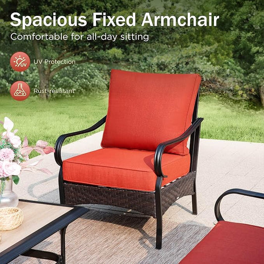 PHI VILLA Patio Furniture Set with 56" Fire Pit Table, Premium Outdoor Wicker Metal Frame Furniture with Upgraded Waterproof Thick Cushions for Porch, Poolside, Deck, and Yard (4 Pieces,Red