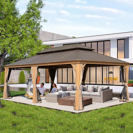 Domi 14' X 24' Hardtop Gazebo Outdoor Metal Gazebo Canopy with Galvanized Steel Double Roof, Wood Grain Aluminum Frame, Curtains and Netting for Patio, Deck, Garden
