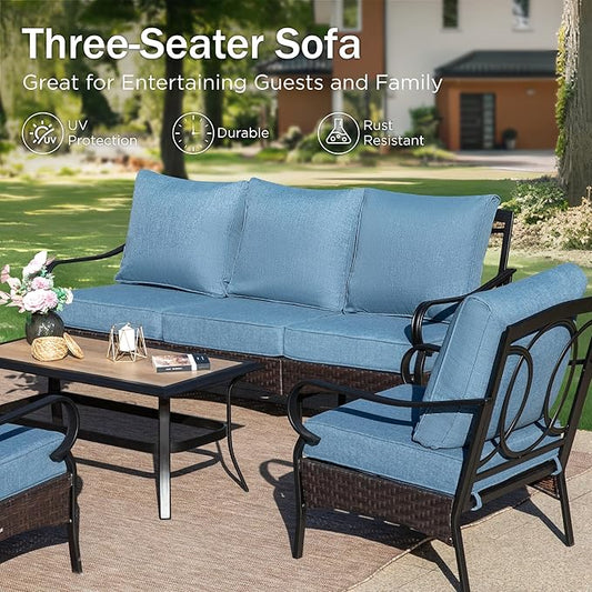 PHI VILLA Outdoor Modern Patio Furniture Set, Upgraded Wicker&Metal Patio Furniture Conversation Set with Waterproof Thick Cushions for Porch, Poolside, Deck, and Yard (4 Pieces,Navy)