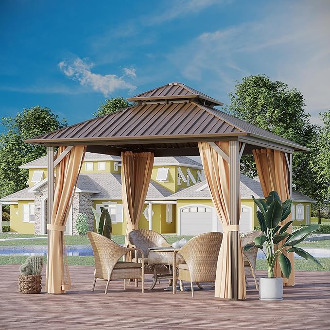 10x10 ft Hardtop Gazebo Outdoor Aluminum Patio Gazebo Double Roof Galvanized Steel Canopy with Netting and Curtains for Garden, Backyard,Deck and Lawns