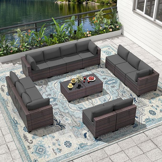 Outdoor Patio Furniture Set, 14 Pieces Outdoor Furniture All Weather Patio Sectional Sofa PE Wicker Modular Conversation Sets with Coffee Table,12 Chairs & Seat Clips(Grey)
