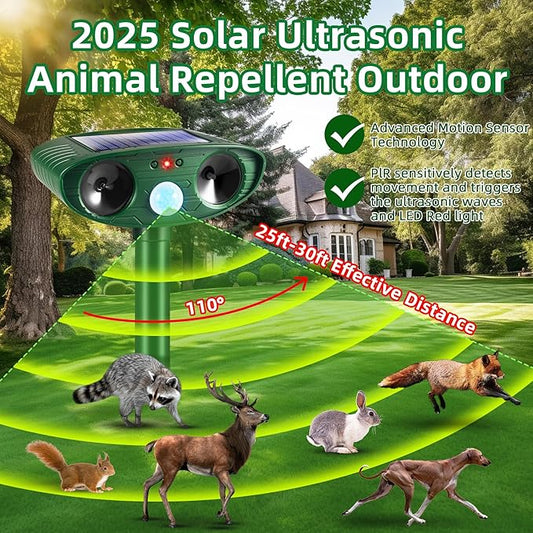 2 Pack Solar Animal Repellent Ultrasonic Outdoor Squirrel Racoon Fortress pro,Cat Deer Repellent with Motion Sensor,Waterproof Mouse Dog Skunk Rabbit Deterrent for Yard