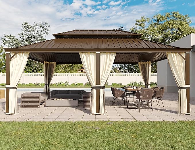 YOLENY 14' x 20' Gazebo, Galvanized Steel Double Roof Hardtop Gazebo with Aluminum Frame, Permanent Outdoor Metal Pavilion with Curtain and Netting for Patio, Lawn and Garden