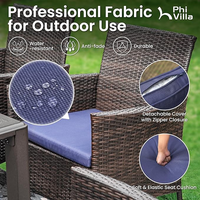 PHI VILLA 9-Piece Cast Aluminum Outdoor Dining Set for 8, Square Metal Dining Table with Umbrella Hole & Cushioned Wicker Rattan Chairs