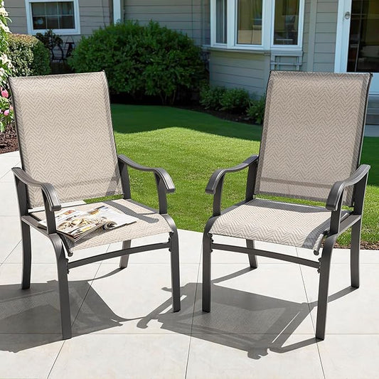NUU GARDEN Patio Dining Chairs Set of 2, Outdoor Dining Chair with Powder-Coated Frame, All Weather Metal Dining Chairs with Textilene High Back and Wider Seat for Backyard, Deck, Balcony, Beige