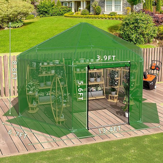 MU 13.4x13.4x8.8 FT Greenhouses for Outdoors, Heavy-Duty Green House for Outside, Walk in Winter Greenhouse with 180g Double Layer PE Cover, Ground Stakes, Great for Garden/Patio/Backyard