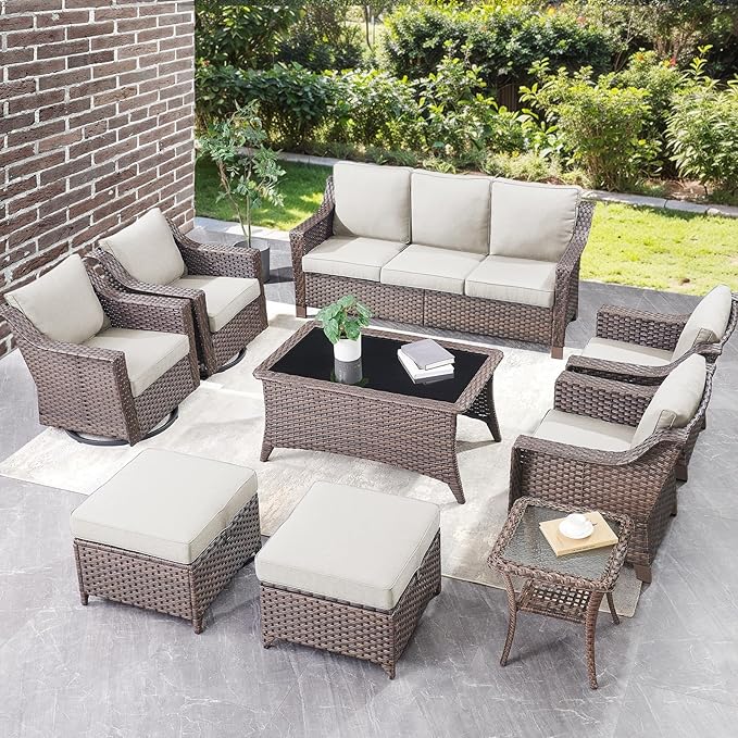 Outdoor Patio Wicker Swivel Chairs - Set of 4 Outside Rattan Rocker Glider Chair Rocking Armchairs for Front Porch Balcony Backyard Yard Deck Poolside Apartment – Brown/Beige