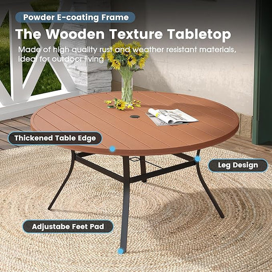 DIFY 9 Pieces Outdoor Patio Dining Set, 8 Brown Textilene Swivel Dining Chairs and 56.3" Walnut Round Dining Table with Faux Wood Top, Outdoor Table and Chairs