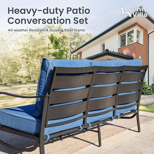 PHI VILLA 5 PCS Patio Furniture Set, Metal Deluxe Patio Set with 1 x 3 Seater Deep Seating Bench, 2 x Swivel Sofa Chairs & 2 x Metal Cushioned Ottoman, Outdoor for Garden, Peacock Blue