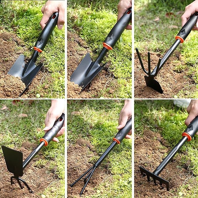 Garden Tool Set (Garden Tool Set, 7 Pieces, Gardening Tool Kit Including 2 Shovels, Rakes, Cultivators, and Transplanting Tools, Rust-Resistant Iron Tools, Rubber Grip Handles (7))