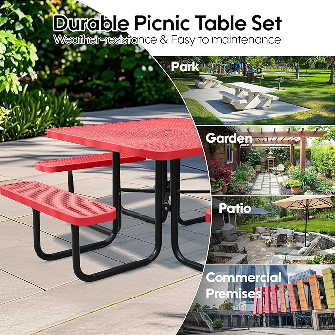 8-Person Picnic Tables for Outdoors, Industrial 46" Expanded Metal Square Picnic Table with 4 Benches & Umbrella Hole, Outside Table and Bench Set for Garden, Backyard, Porch, Patio, Red