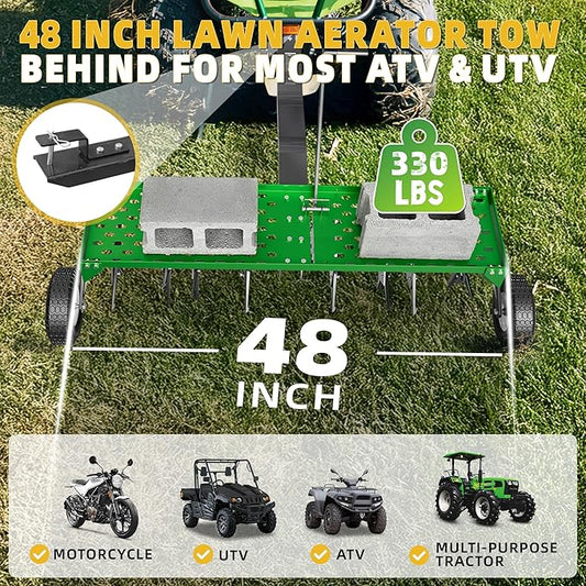 48" Lawn Aerator Tow Behind, Pull Behind Aerator with Universal Hitch, 32 Galvanized Steel Tines, Tray and Pneumatic Tires, Plug Behind Aerator is Suitable for Gardens, Lawns and Farms
