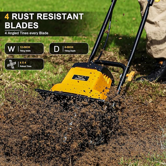 8.5AMP 12Inch Corded Tiller Cultivator 8-inch Depth Rototillers for Gardening, 360RPM Electric Garden Tiller with LT-201D Socket
