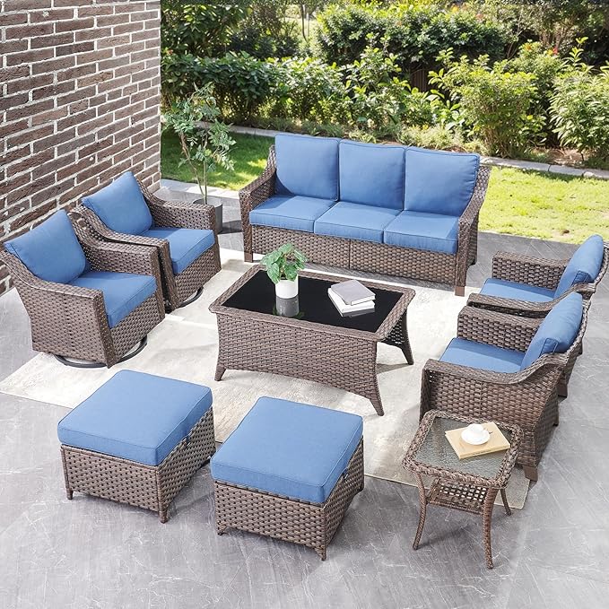Outdoor Wicker Patio Chairs Set of 4 - Heavy Duty Outside Rattan Lawn Chair for Front Porch Balcony Backyard Yard Deck Poolside Apartment – Brown/Blue
