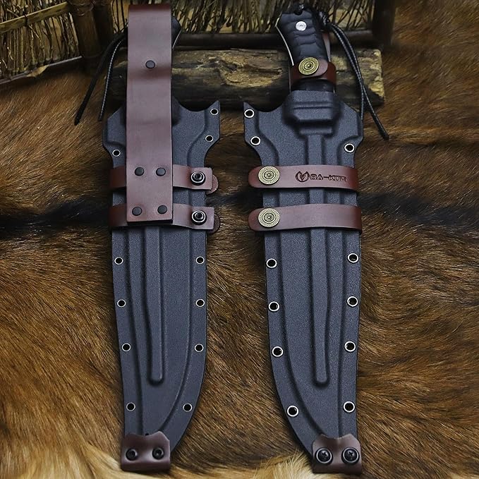 BA-KOR (15.8 inches) 5mm full Tang 9CR18MOV steel nylon fiber handle Bowie knife + sheath + (5.9 inches) cerium element striker, suitable for outdoor hunting, camping, survival, and daily carry of tools. (Sanding I (Half Teeth))
