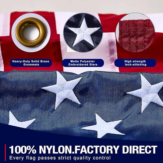 American Flag 3x5 FT, Premium Nylon Flags Ultra Durable Tear-Resistant and Weatherproof, Deluxe Embroidered Stars and Sewn Stripes, All Weather for Outdoor Use with Brass Grommets