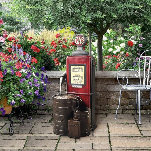 Teamson Home Vintage Gas Station Statue 3 Tiered Floor Waterfall Fountain with Pump for Outdoor Patio Garden Backyard Decking, 42 Inch Height, Dark Red