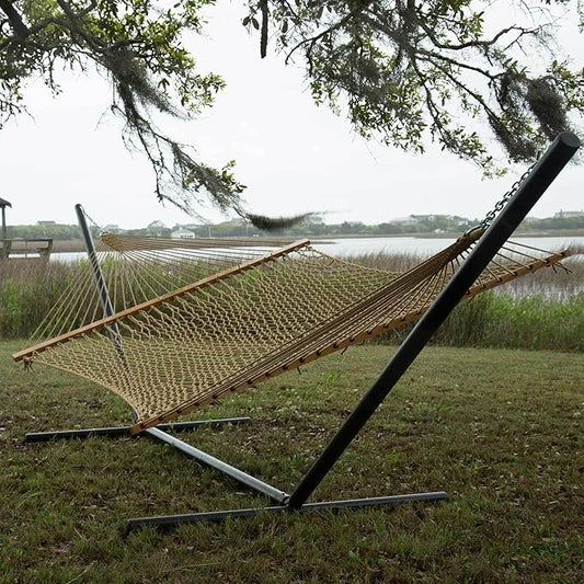 Original Pawleys Island Deluxe Tan DuraCord Rope Hammock – 13 ft. x 65 in, 2-Person, 450 lb Capacity, Oak Spreader Bar, Zinc-Plated Hardware, Handcrafted in The USA